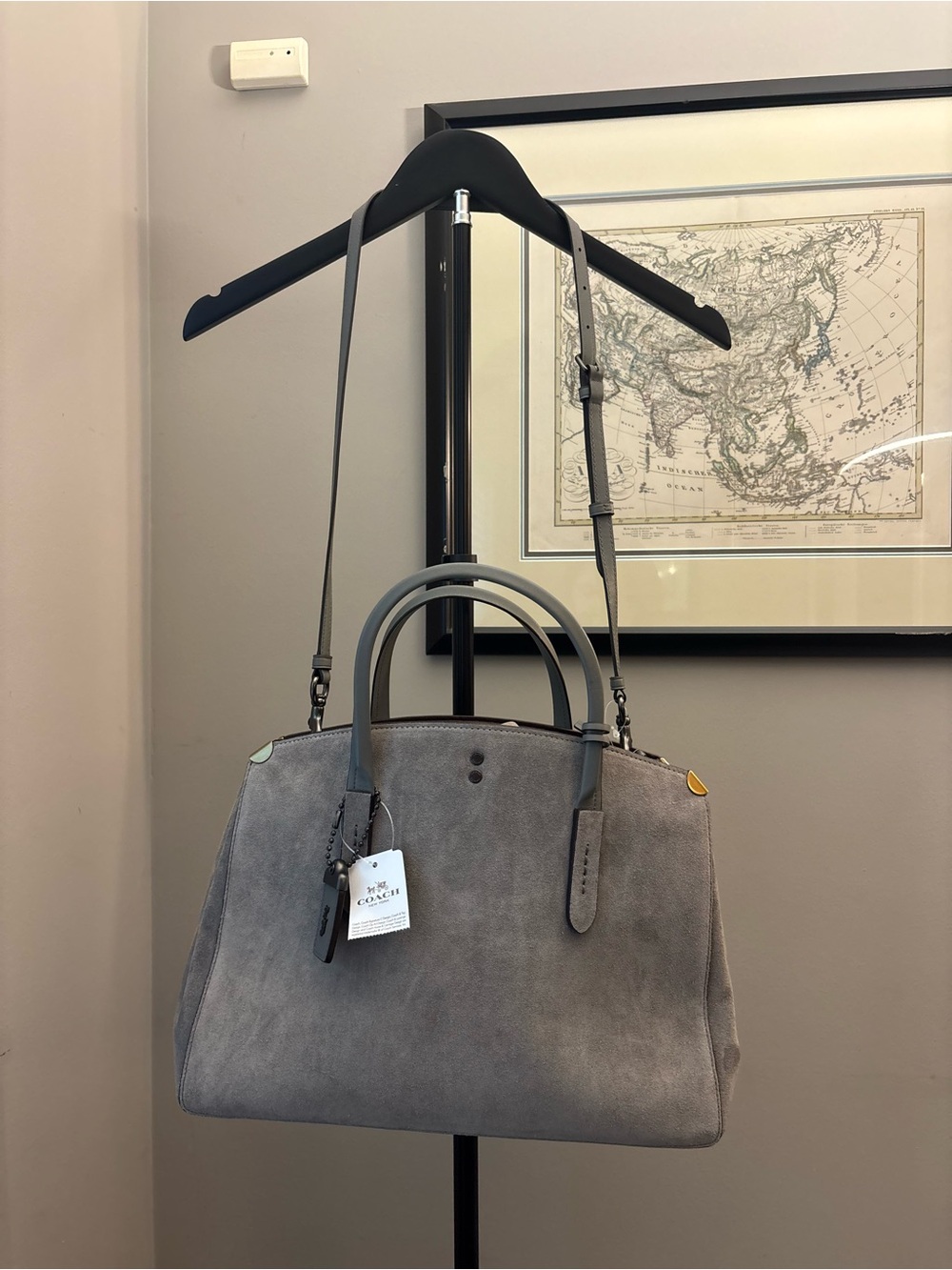 Coach Gray Suede Satchel with Dual Handles and Adjustable Strap, Maroon Interior